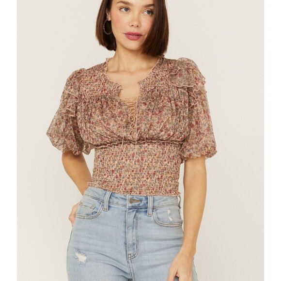 Free People Beatrice Smocked Pullover Top in Brown Pink Floral Sz SM - Picture 2 of 12